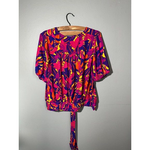 Rose+Olive Womens Blouse Top V-Neck Waist‎ 3/4 Sleeve Leaf Pattern Pink M - Picture 2 of 4